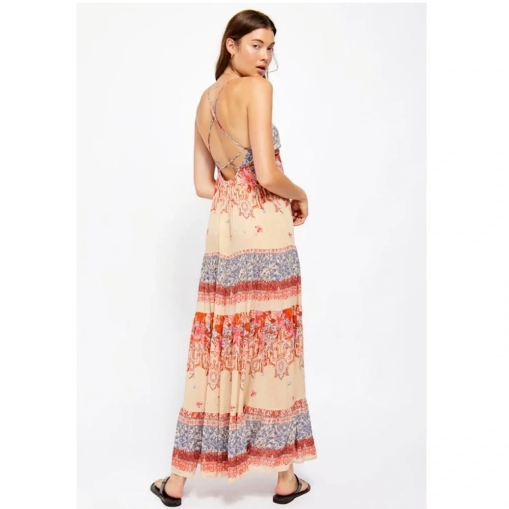 Free People Beige Floral Tiered Maxi Dress with Red and Blue Accents - Picture 4 of 13